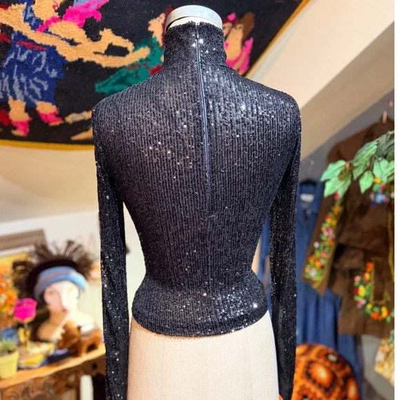 Cara Cara Black Sequin Turtleneck Long Sleeve Zipper Back Top Whimsygoth XS - Picture 2 of 8